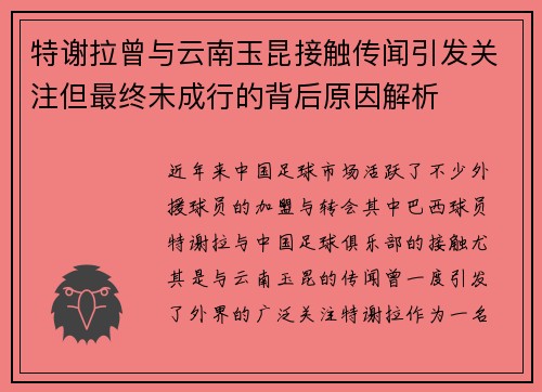 特谢拉曾与云南玉昆接触传闻引发关注但最终未成行的背后原因解析